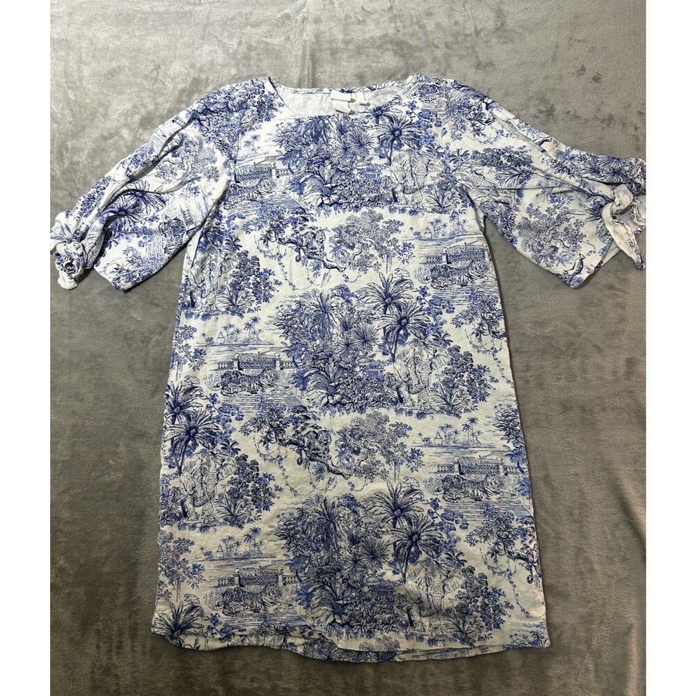 H&M Womens Linen Blend Shift Dress US 4 Blue White Toile Safari Print